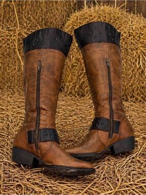 Born Brown Distressed Leather Tall Riding Boots Back Zip Harness Women’s 8.5 EUC